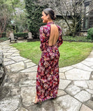 Majorelle Wine Floral Keyhole Front Slit Choker Exposed Back Dress- Size M