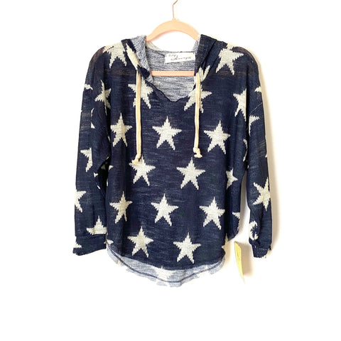 Vintage Havana Navy Star Print Hooded Open Knit Sweater NWT- Size S