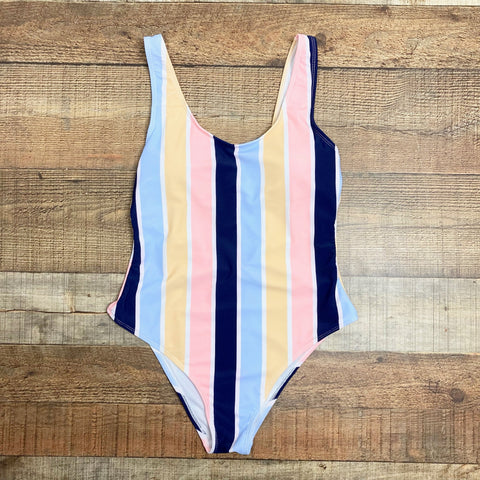 Stylish Swimwear Navy/Light Blue/Pink/Peach Striped Padded One Piece- Size S