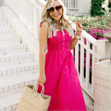 LOFT Pink Smocked Bodice Tie Strap Eyelet Hem Dress- Size XXS (sold out online)