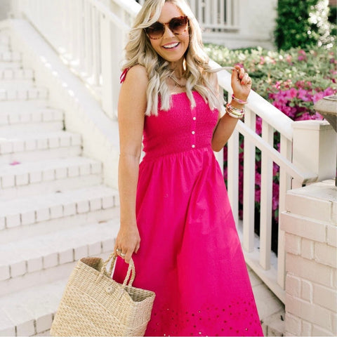 LOFT Pink Smocked Bodice Tie Strap Eyelet Hem Dress- Size XXS (sold out online)