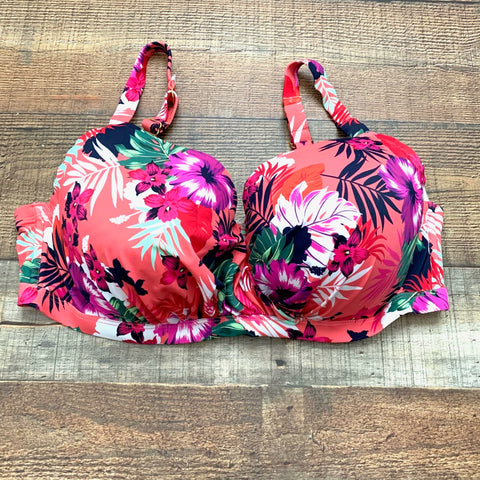 Swimsuits For All Coral Tropical Floral Print Top With Adjustable Straps Hook Closure- Size 38DD (We have matching bottom)