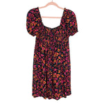 Wild Fable Black with Fuchsia/Orange/Coral Floral Pattern Smocked Babydoll Dress NWT- Size S