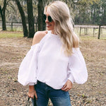 Free People White Cold Shoulder Sweater with Balloon Sleeves- Size S