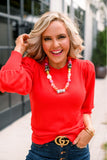 The Drop Red Padded Shoulder Balloon Sleeve Sweater- Size XS