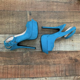 Heart in D Dark Teal Suede Peep Toe Platform Ankle Strap Stilettos- Size 8.5 (LIKE NEW)