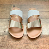 Beach By Matisse White Leather Upper Gold Double Strap Slip On Sandals NWOT- Size 7
