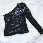 WAYF One Shoulder Black Sequin Blouse NWT- Size XS