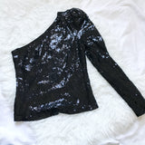 WAYF One Shoulder Black Sequin Blouse NWT- Size XS