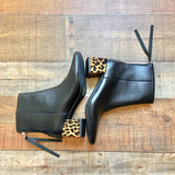 Let's See Style Black Booties with Animal Print Block Heel- Size ~7 (see notes, BRAND NEW CONDITION)