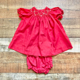 Luli & Me Red Smocked Dress with Matching Bloomers and Bonnet- Size 6M (sold as a set)