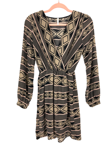 Sage Black/Brown/Pink Patterned Faux Wrap Dress- Size S