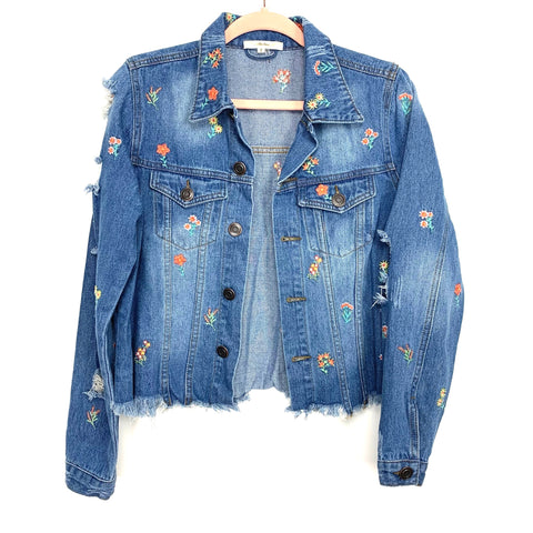 Andree By Unit Floral Embroidered Distressed Denim Jacket- Size S