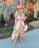Olivaceous Burnt Orange/Purple/Lime Printed Drawstring Waist High/Low Dress- Size S