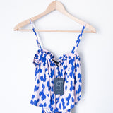 Gibson Pink/Blue Animal Print Ruffle Elastic Waist Belted Romper NWT- Size XXS Petite