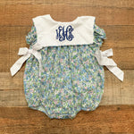 Poppy Kids Co. Floral Embroidered "HHK" Smocked Side Bow Bubble Romper- Size 3M