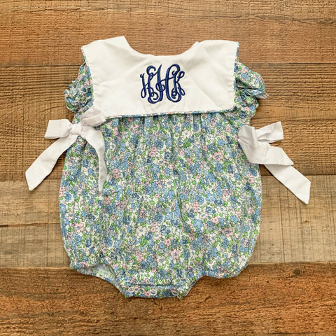 Poppy Kids Co. Floral Embroidered "HHK" Smocked Side Bow Bubble Romper- Size 3M