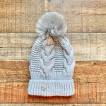 Express Grey and Metallic Gold Thread Cable Knit Pom Pom Beanie Hat- One Size