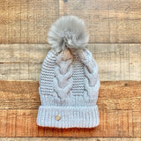 Express Grey and Metallic Gold Thread Cable Knit Pom Pom Beanie Hat- One Size