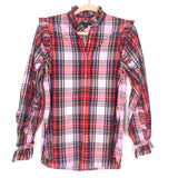 J Crew Red/Blue/Pink Plaid Half Button Up Ruffle Sleeve NWT- Size XS