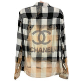 No Brand Bleached Black/White Plaid with Back Rhinestone Logo Button Up Flannel- Size M