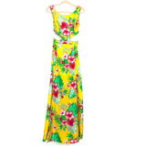 Impressions Yellow Hawaiian Print Cut Out Back Tie Double Front Slit Dress NWT- Size S