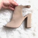 Bamboo Tan Peep Toe Block Heels- Size 7.5