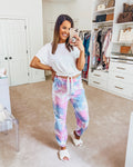 Superdown Pink/Blue/White Tie Dye Silver Glitter Joggers- Size M (Inseam 24”)