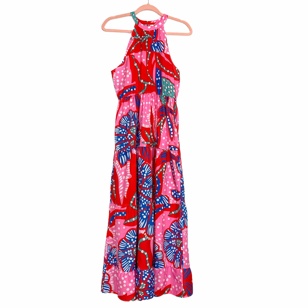 Shein Red/Pink/Blue Floral and Polka Dot Print Halter Neck Maxi Dress- The Saved Collection Shein Red/Pink/Blue Floral and Polka Dot Print Halter Neck Maxi Dress- The Saved Collection