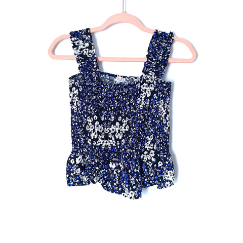 Q+A Los Angeles Blue Floral Smocked Tank- Size S