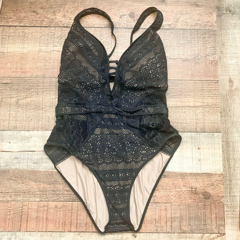 Becca Black Semi Lined Low Tie Back Lace One Piece- Size XL