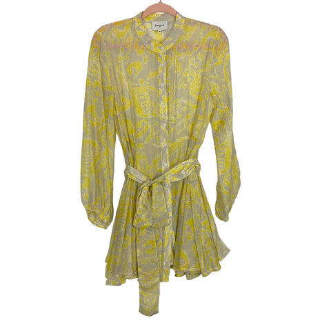 Choklate Paris Yellow Printed Sheer Silk Blend Button Up Belted Dress- Size M