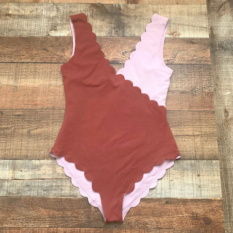 Marysia Canyon Point Scalloped Two-Tone Stretch-Crepe One Piece Swimsuit- Size L (sold out online)