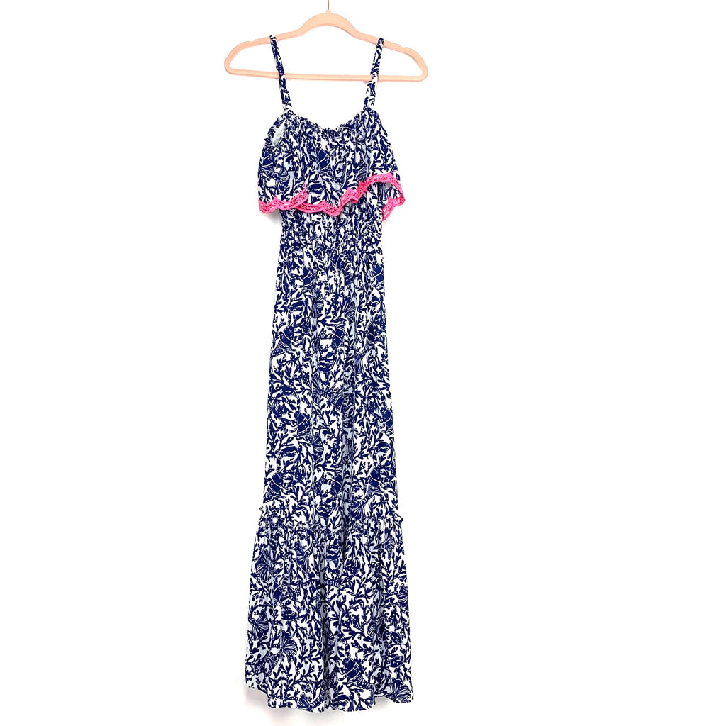 Lilly Pulitzer Blue and White Ruffle Maxi Dress