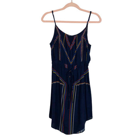 Made for Impulse Navy with Red/Blue/White/Yellow Geometric Pattern Front Tie Rounded Hem Dress- Size S