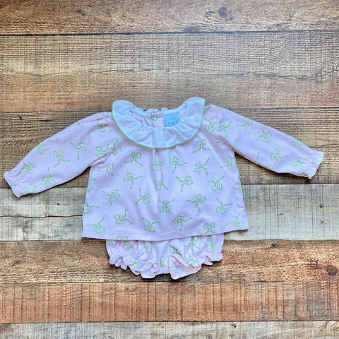 Bella Bliss Pink Green Ribbon Print Dress with Matching Bloomers- Size 18M (sold as a set)