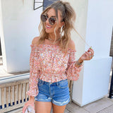 Magnolia Boutique Peach Floral Off the Shoulder Elastic Smocked Ruffle Top- Size S