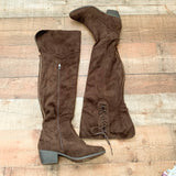 Forever Chocolate Gold Back Zipper Detail Tie Side With Side Zip Knee High Boots- Size 7