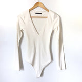 Abercrombie & Fitch Cream Deep V Neck Ribbed Bodysuit- Size S