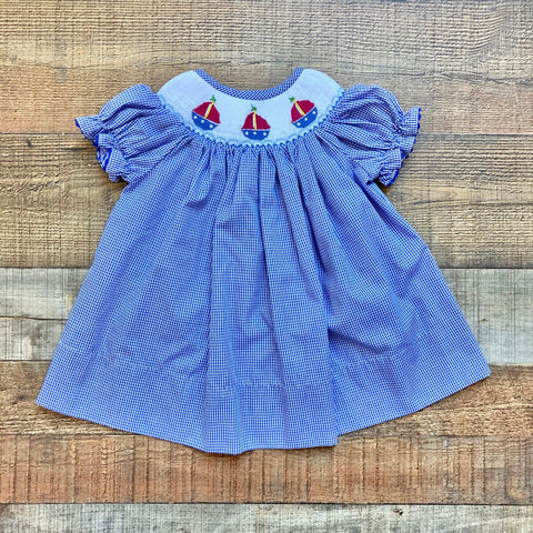 Dogwood Smocking Company Blue Gingham Sailboat Smocked Dress- Size 6M