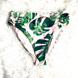 Birdsong Pink Palm Print Ruched High Waisted Bikini Bottoms NWOT- Size L (BOTTOMS ONLY)