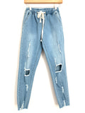 Hayden Light Wash Drawstring Waist Distressed Jeans- Size S (Inseam 25.5”)