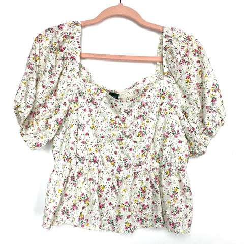 Wild Fable White Floral Square Neck Puff Sleeve Top- Size L