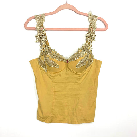 Moa Mustard Sequin Crochet Lace Strap Top- Size L