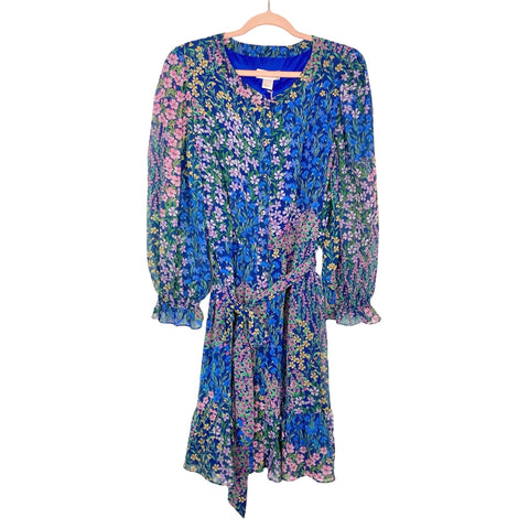 Rachel Parcell Blue with Colorful Floral Print Button Up Belted Sheer Sleeve Dress NWT- Size 16