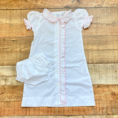 The Proper Peony White Pink Trim Button Up Dress with Bloomers- Size 9M