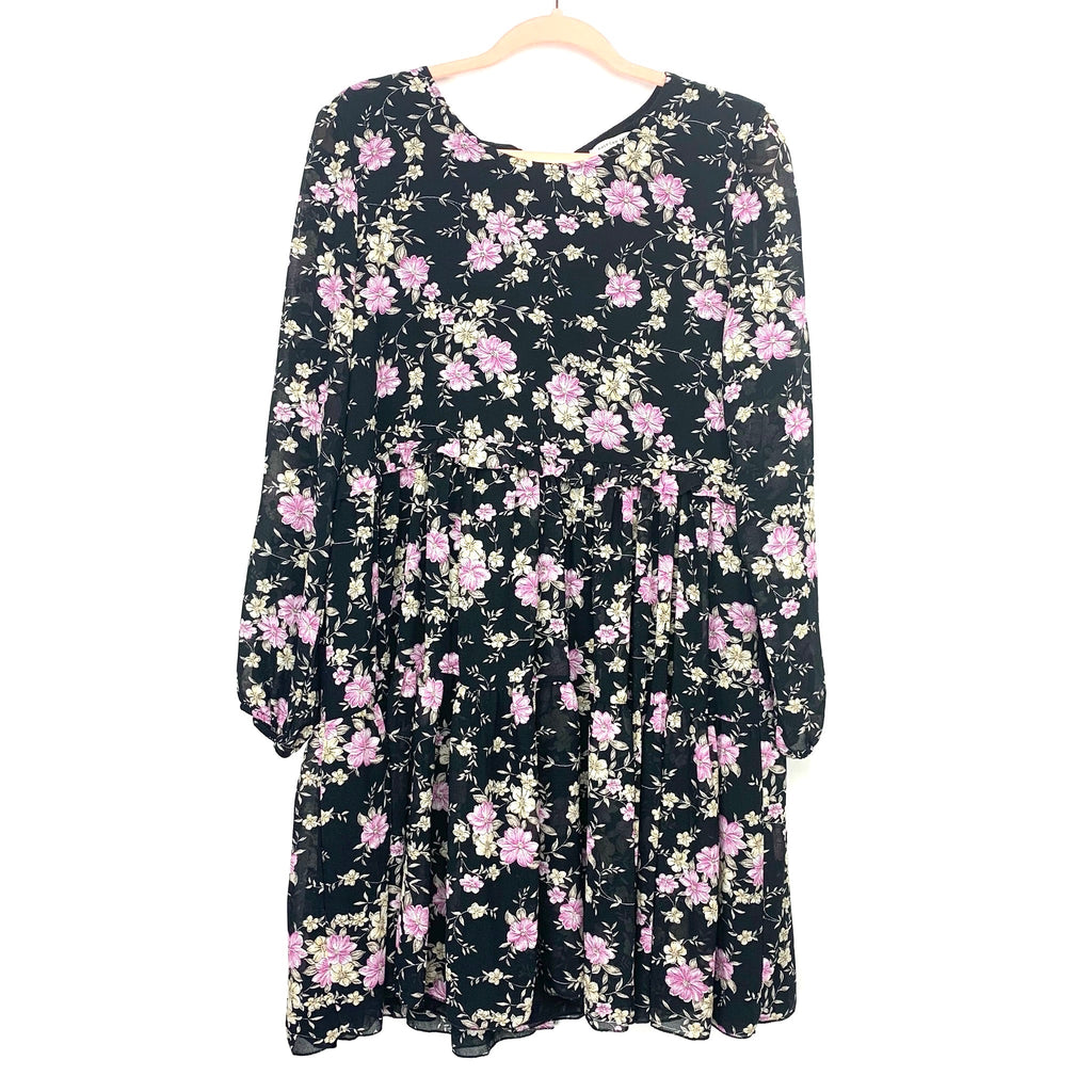 American Eagle Black Floral Bubble Sleeve Ruffle Waist Tie Back Dress- The Saved Collection American Eagle Black Floral Bubble Sleeve Ruffle Waist Tie Back Dress- The Saved Collection