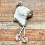 Old Navy White Cable Knit with Fur Lining and Poms Trapper Hat- Size L/XL