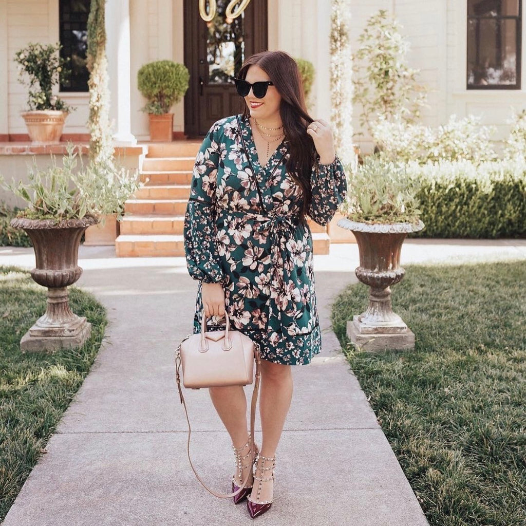 Eliza J Hunter Green Floral Belted Dress With Balloon Sleeves- Size 12 The Saved Collection Eliza J Hunter Green Floral Belted Dress With Balloon Sleeves- Size 12 The Saved Collection