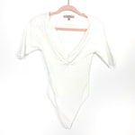 Love Tree White Ribbed Knit Front Twist Half Sleeve Thong Bodysuit- Size S (sold out online)